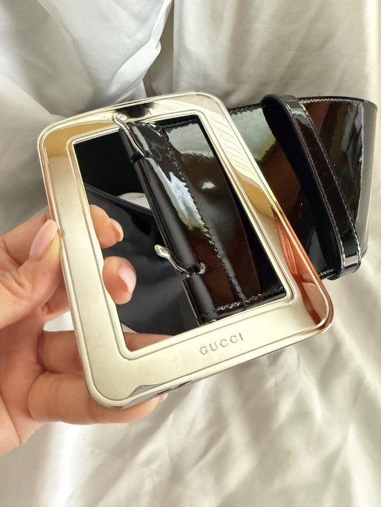 Gucci Super Wide Patent Leather Black Belt Rectangular Silver Belt Buckle main image 5